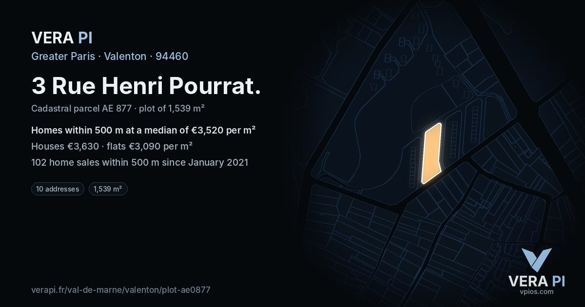 3 Rue Henri Pourrat, Valenton at night – the plot lit, the parcels around coloured by the prices near them