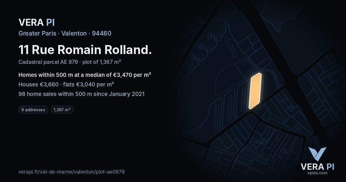 11 Rue Romain Rolland, Valenton at night – the plot lit, the parcels around coloured by the prices near them