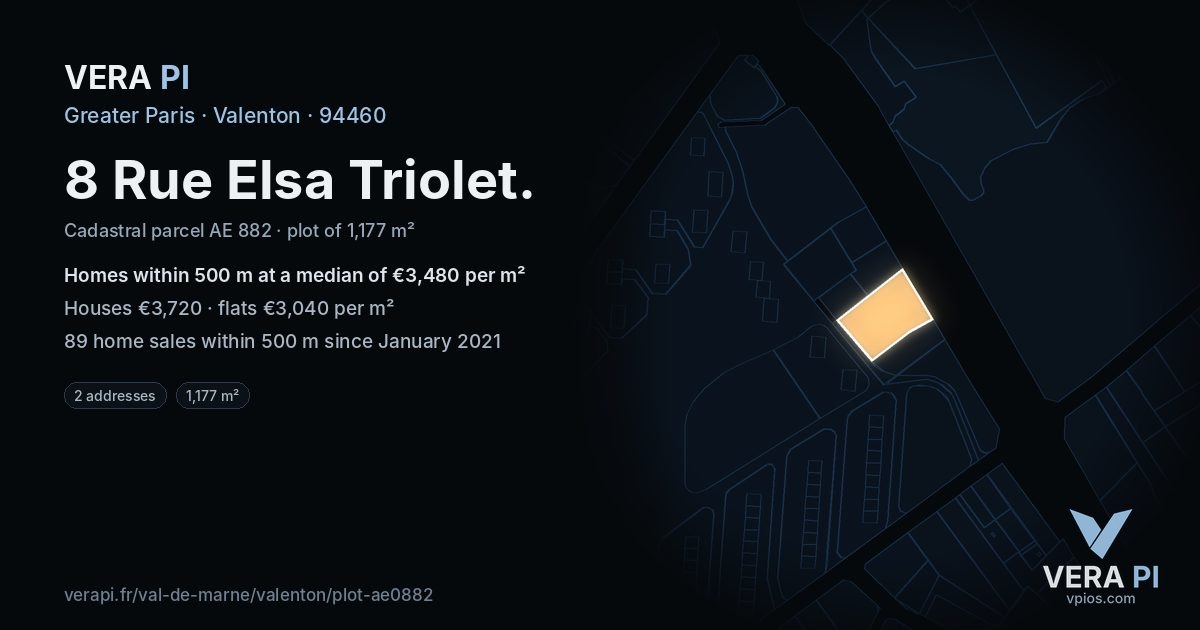 8 Rue Elsa Triolet, Valenton at night – the plot lit, the parcels around coloured by the prices near them