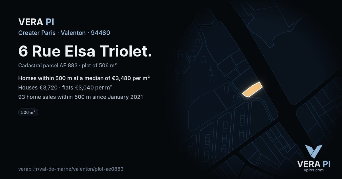 6 Rue Elsa Triolet, Valenton at night – the plot lit, the parcels around coloured by the prices near them