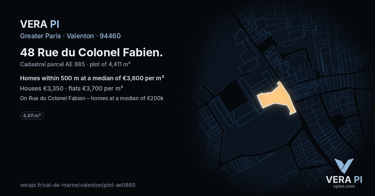 48 Rue du Colonel Fabien, Valenton at night – the plot lit, the parcels around coloured by the prices near them