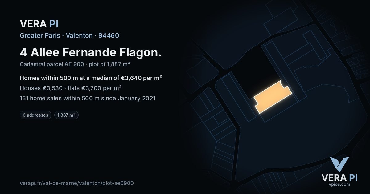 4 Allee Fernande Flagon, Valenton at night – the plot lit, the parcels around coloured by the prices near them