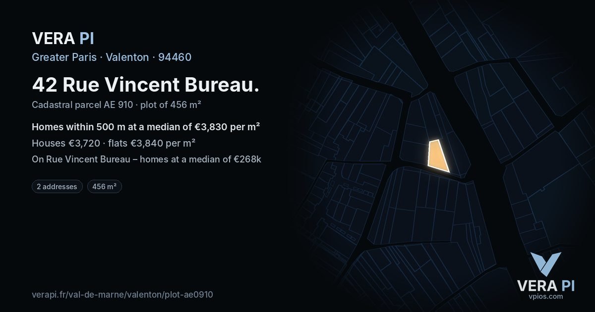 42 Rue Vincent Bureau, Valenton at night – the plot lit, the parcels around coloured by the prices near them