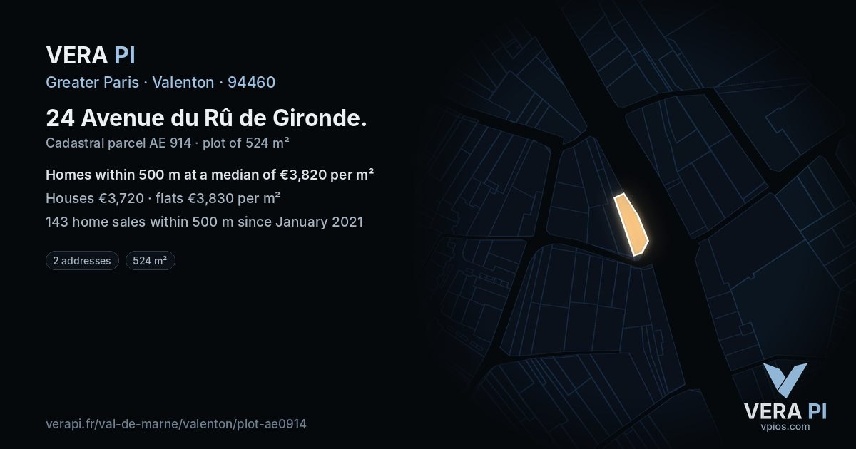 24 Avenue du Rû de Gironde, Valenton at night – the plot lit, the parcels around coloured by the prices near them