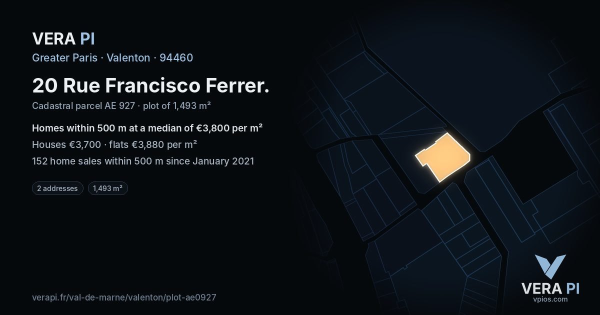 20 Rue Francisco Ferrer, Valenton at night – the plot lit, the parcels around coloured by the prices near them