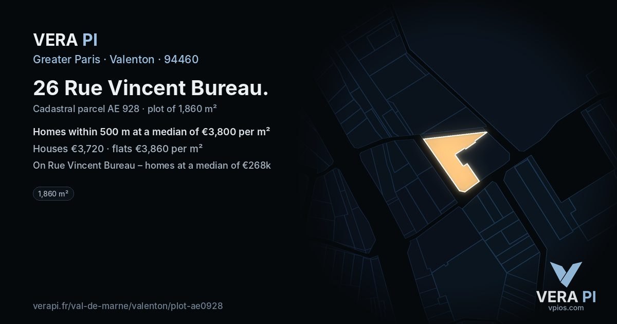 26 Rue Vincent Bureau, Valenton at night – the plot lit, the parcels around coloured by the prices near them