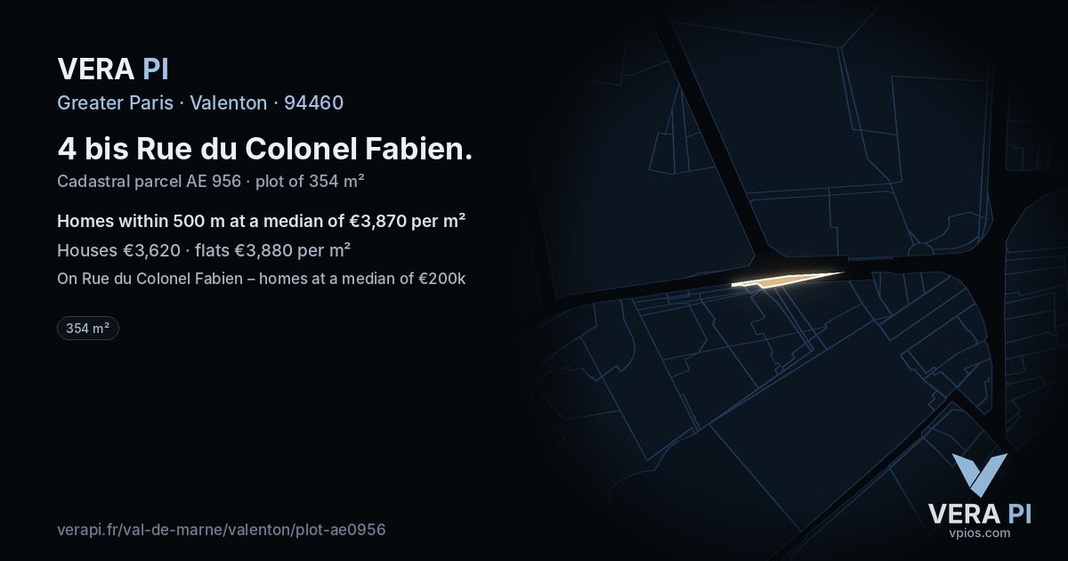 4 bis Rue du Colonel Fabien, Valenton at night – the plot lit, the parcels around coloured by the prices near them