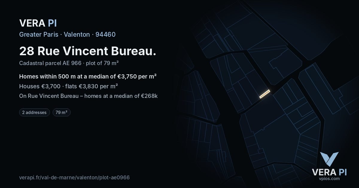 28 Rue Vincent Bureau, Valenton at night – the plot lit, the parcels around coloured by the prices near them