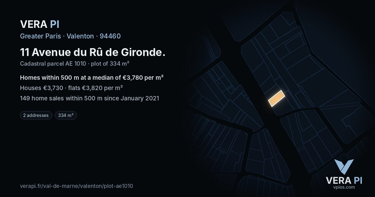 11 Avenue du Rû de Gironde, Valenton at night – the plot lit, the parcels around coloured by the prices near them