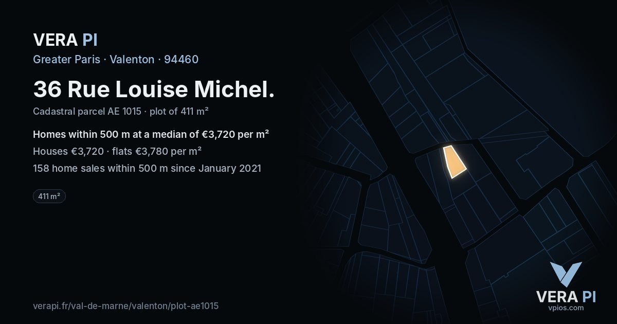 36 Rue Louise Michel, Valenton at night – the plot lit, the parcels around coloured by the prices near them