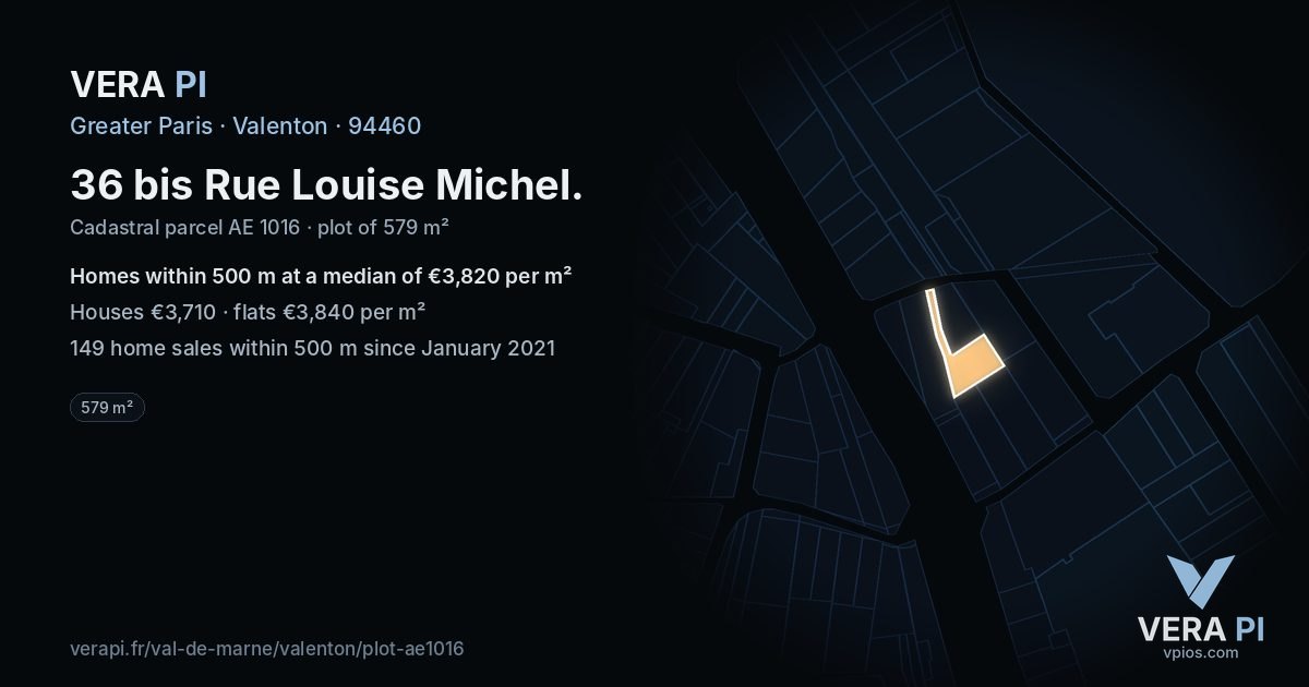 36 bis Rue Louise Michel, Valenton at night – the plot lit, the parcels around coloured by the prices near them