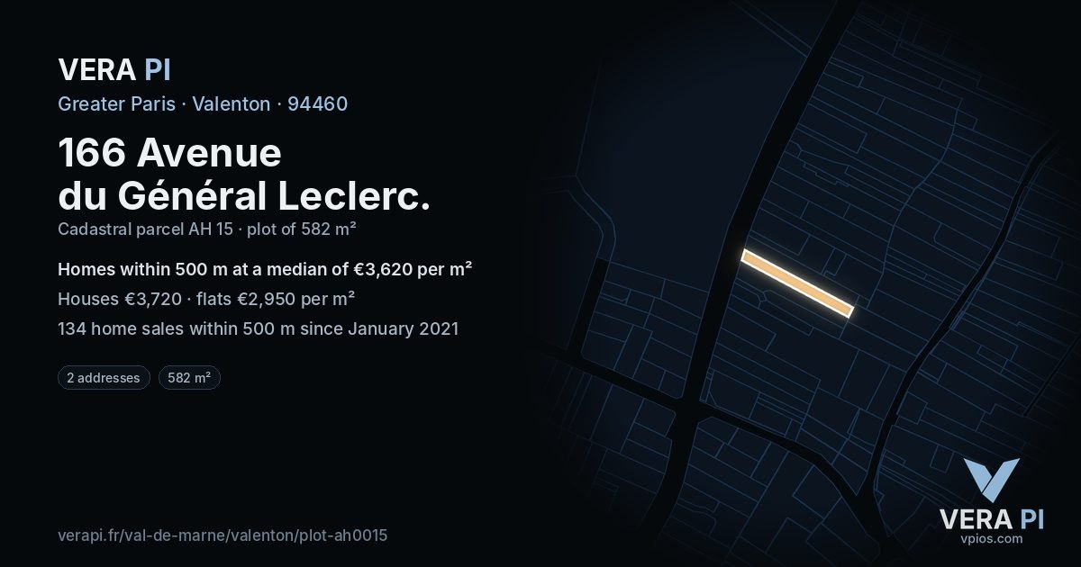 166 Avenue du Général Leclerc, Valenton at night – the plot lit, the parcels around coloured by the prices near them