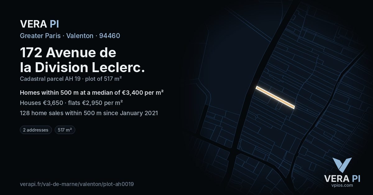 172 Avenue de la Division Leclerc, Valenton at night – the plot lit, the parcels around coloured by the prices near them