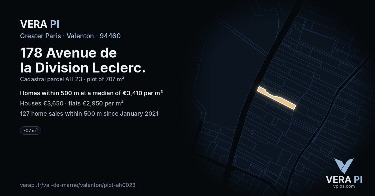 178 Avenue de la Division Leclerc, Valenton at night – the plot lit, the parcels around coloured by the prices near them