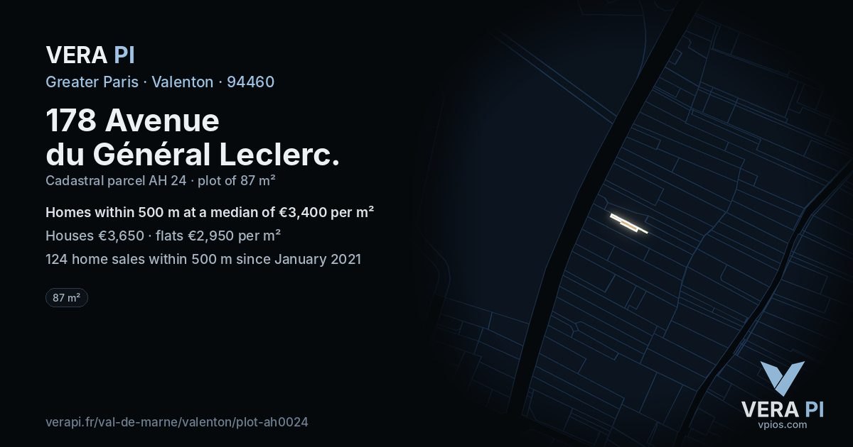 178 Avenue du Général Leclerc, Valenton at night – the plot lit, the parcels around coloured by the prices near them