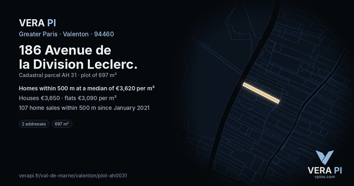 186 Avenue de la Division Leclerc, Valenton at night – the plot lit, the parcels around coloured by the prices near them
