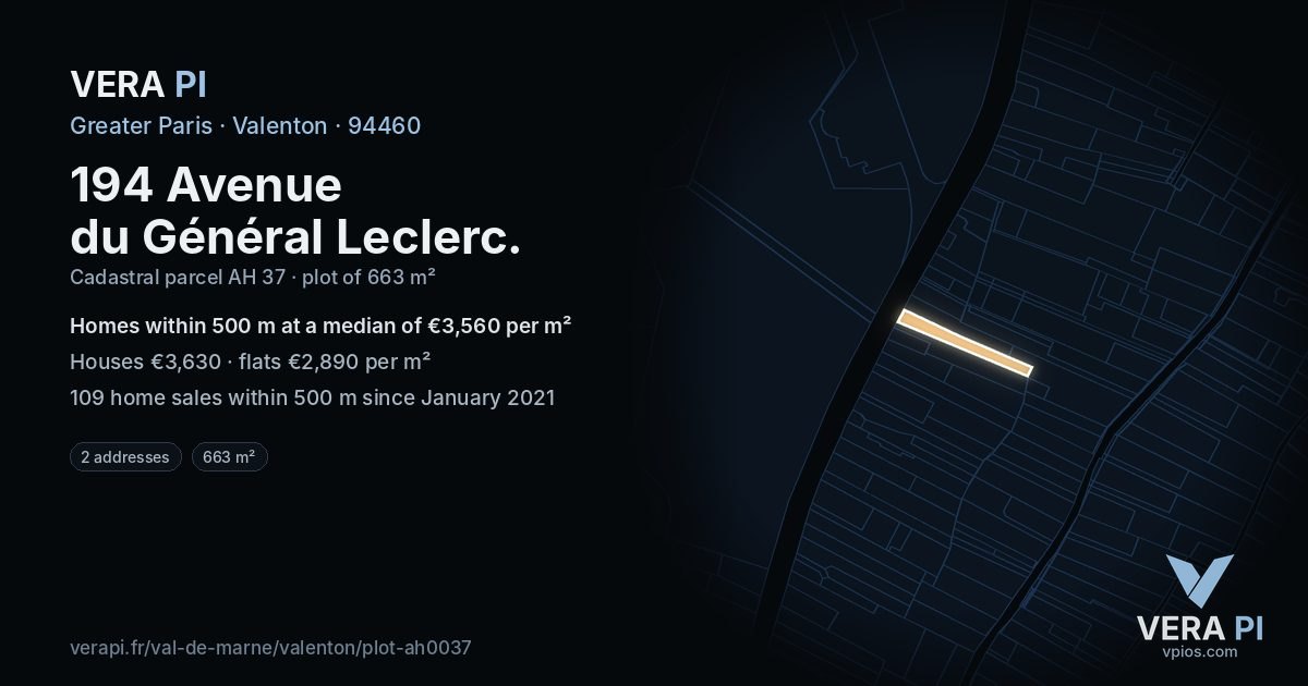 194 Avenue du Général Leclerc, Valenton at night – the plot lit, the parcels around coloured by the prices near them
