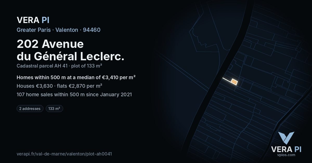202 Avenue du Général Leclerc, Valenton at night – the plot lit, the parcels around coloured by the prices near them