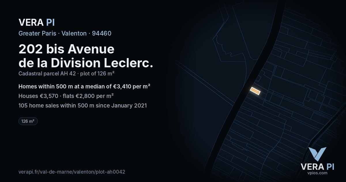 202 bis Avenue de la Division Leclerc, Valenton at night – the plot lit, the parcels around coloured by the prices near them