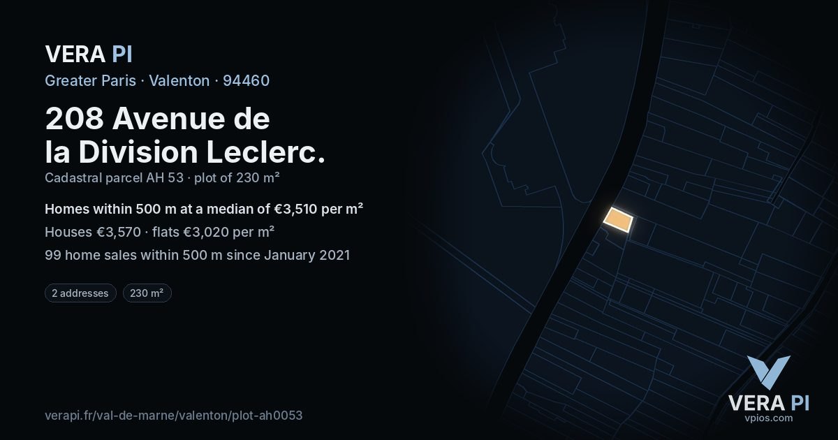 208 Avenue de la Division Leclerc, Valenton at night – the plot lit, the parcels around coloured by the prices near them