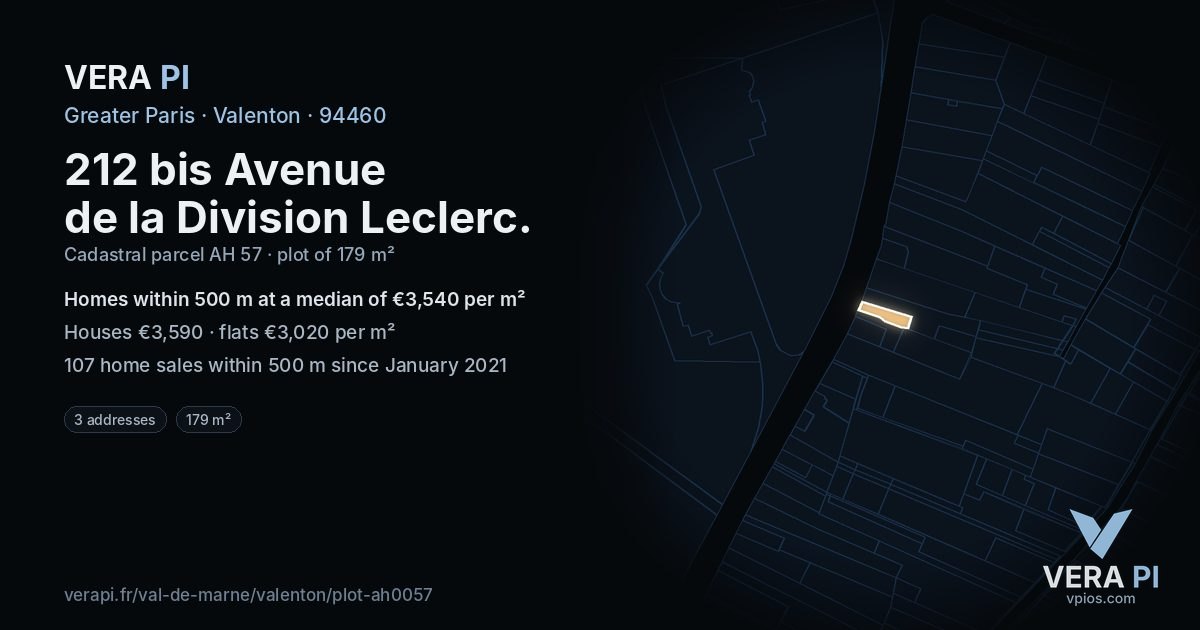 212 bis Avenue de la Division Leclerc, Valenton at night – the plot lit, the parcels around coloured by the prices near them