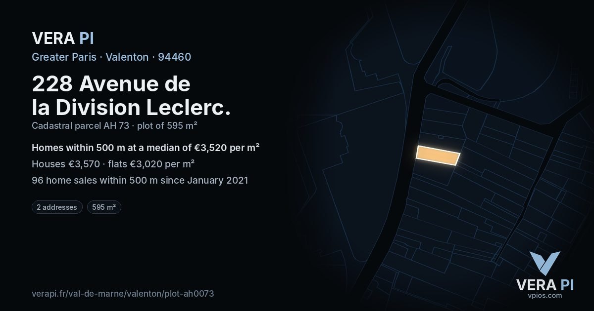 228 Avenue de la Division Leclerc, Valenton at night – the plot lit, the parcels around coloured by the prices near them