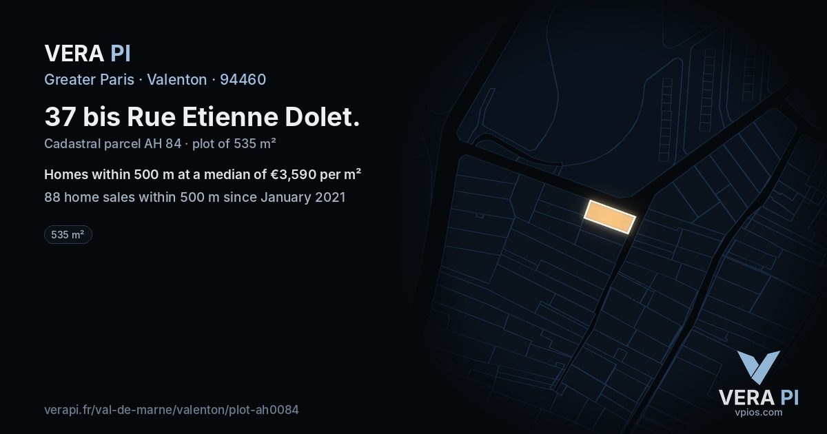 37 bis Rue Etienne Dolet, Valenton at night – the plot lit, the parcels around coloured by the prices near them