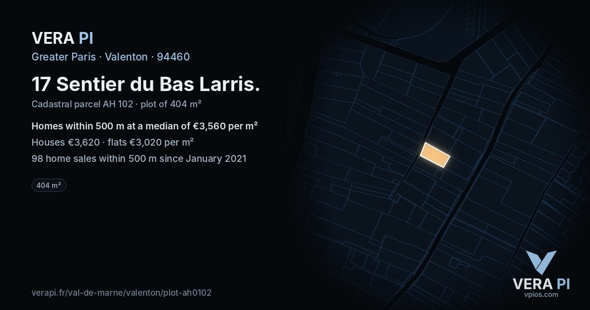 17 Sentier du Bas Larris, Valenton at night – the plot lit, the parcels around coloured by the prices near them