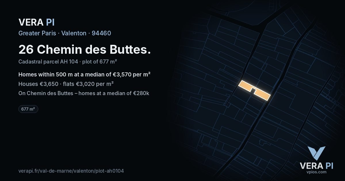 26 Chemin des Buttes, Valenton at night – the plot lit, the parcels around coloured by the prices near them