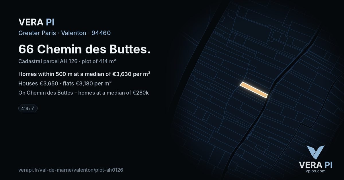 66 Chemin des Buttes, Valenton at night – the plot lit, the parcels around coloured by the prices near them