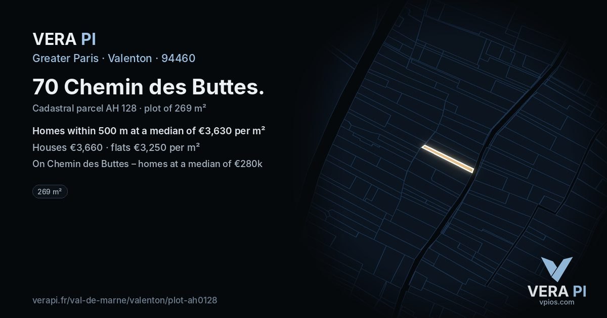 70 Chemin des Buttes, Valenton at night – the plot lit, the parcels around coloured by the prices near them