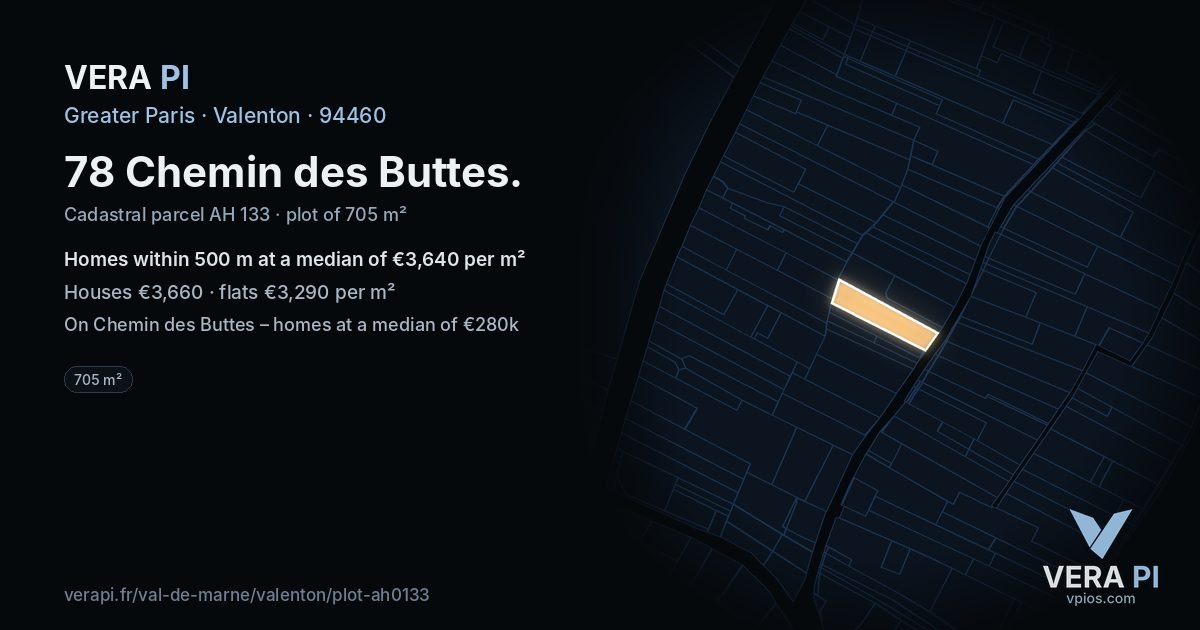 78 Chemin des Buttes, Valenton at night – the plot lit, the parcels around coloured by the prices near them