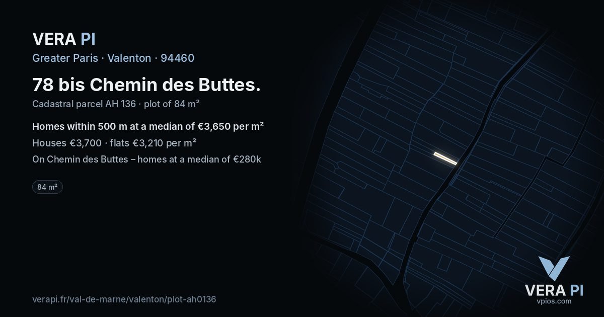 78 bis Chemin des Buttes, Valenton at night – the plot lit, the parcels around coloured by the prices near them