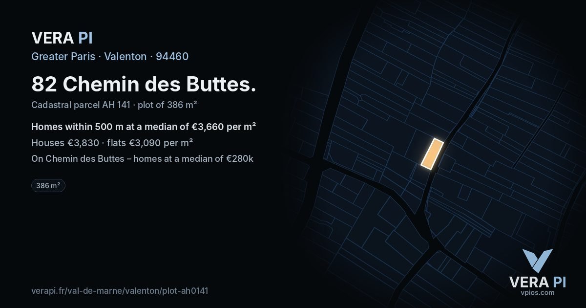 82 Chemin des Buttes, Valenton at night – the plot lit, the parcels around coloured by the prices near them