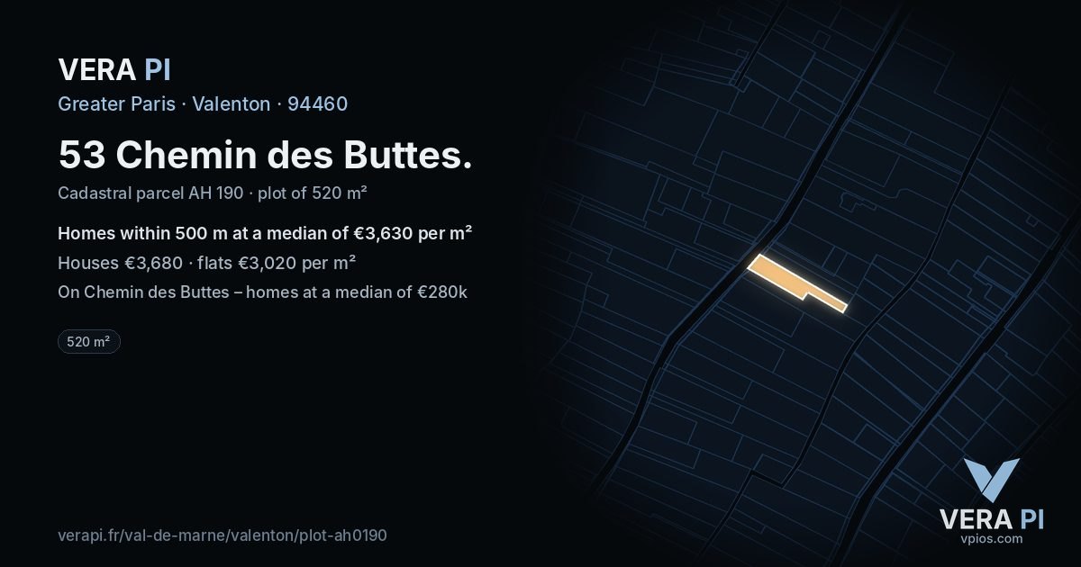 53 Chemin des Buttes, Valenton at night – the plot lit, the parcels around coloured by the prices near them
