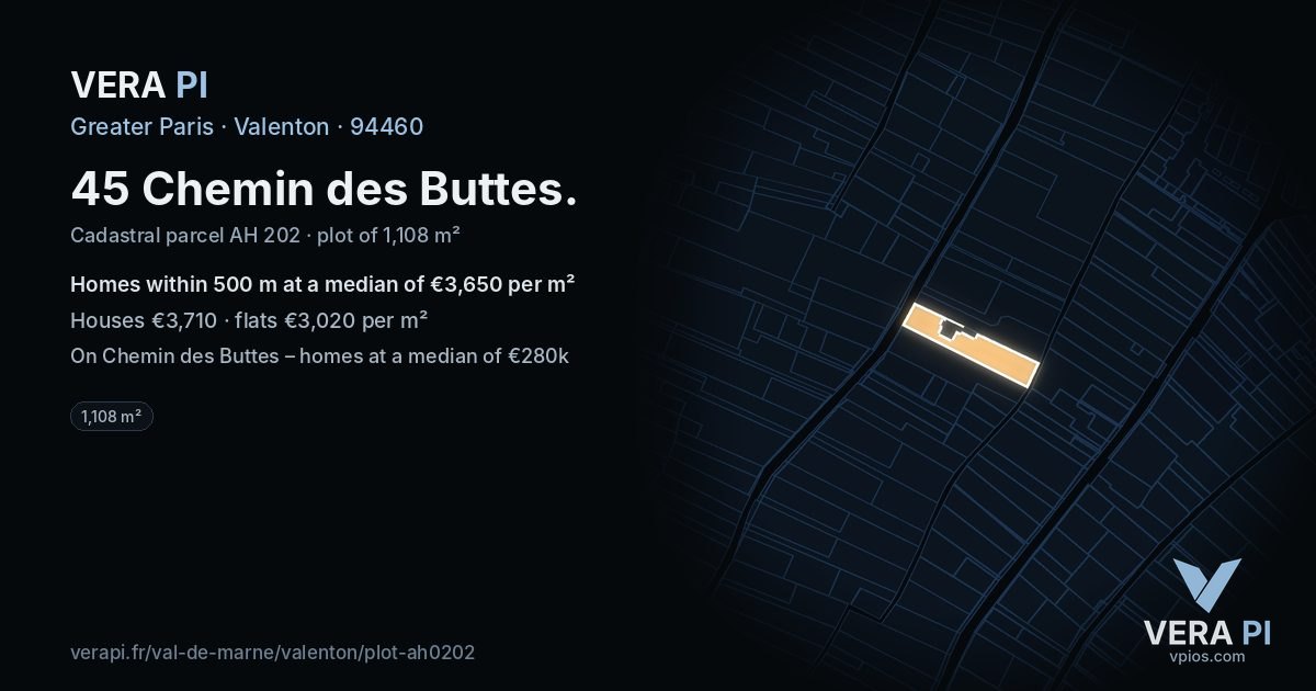 45 Chemin des Buttes, Valenton at night – the plot lit, the parcels around coloured by the prices near them
