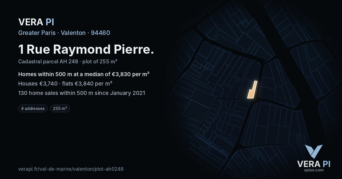 1 Rue Raymond Pierre, Valenton at night – the plot lit, the parcels around coloured by the prices near them