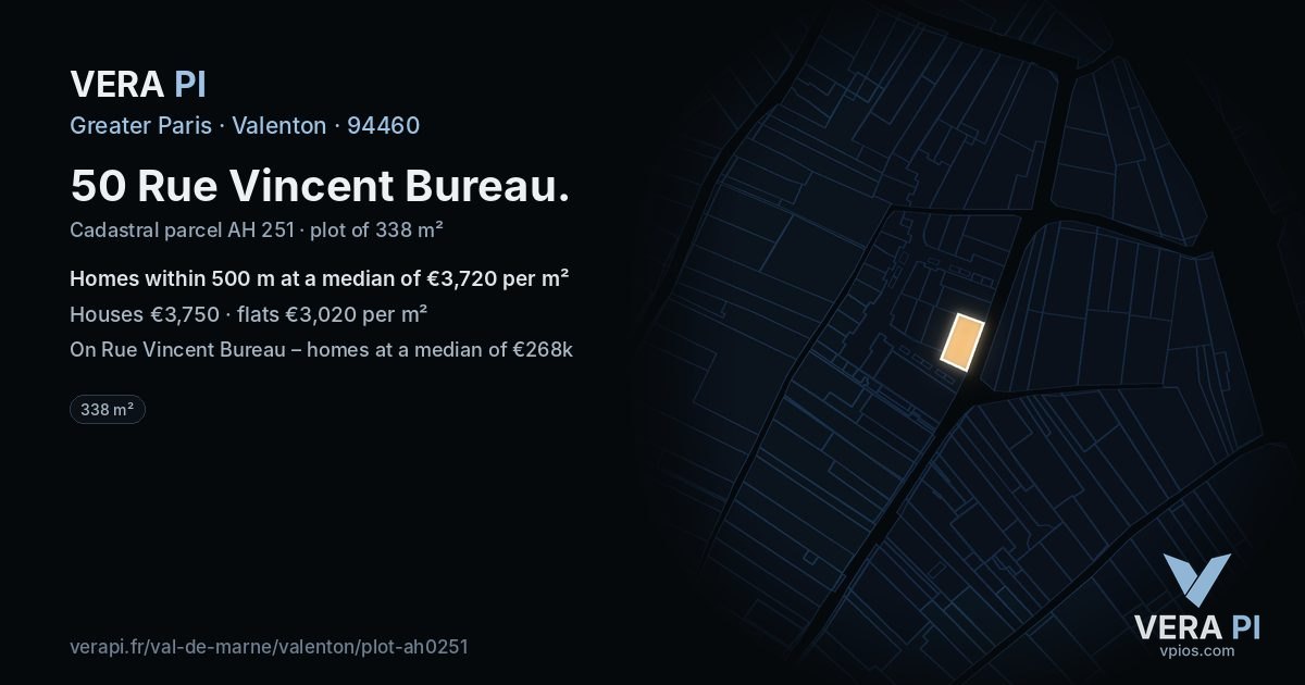 50 Rue Vincent Bureau, Valenton at night – the plot lit, the parcels around coloured by the prices near them