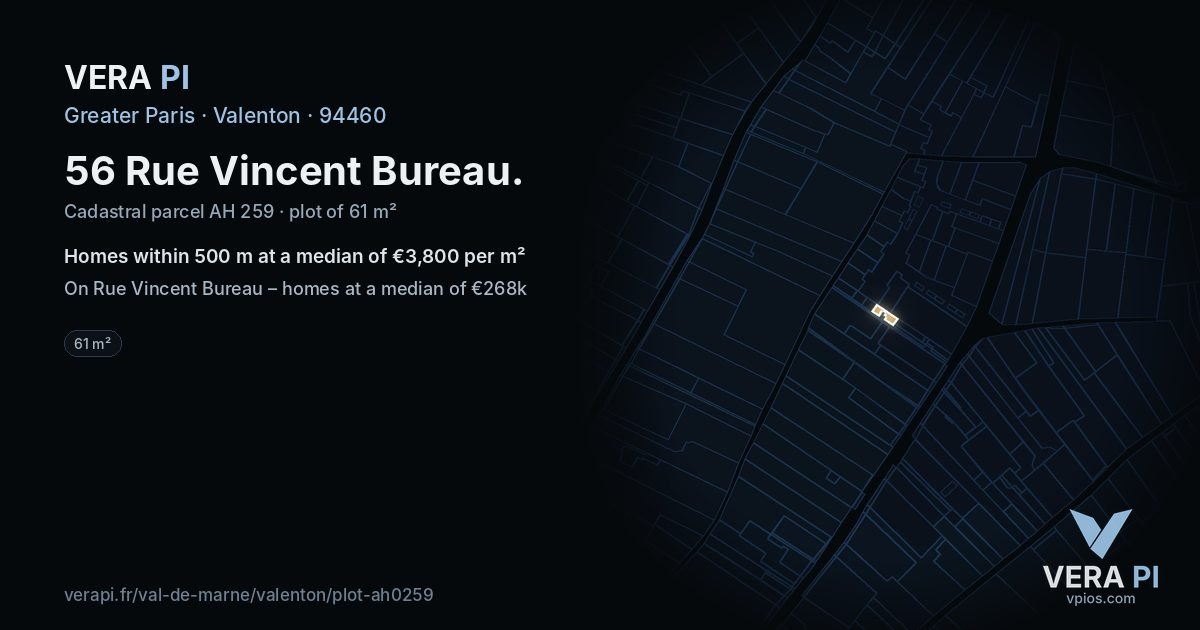 56 Rue Vincent Bureau, Valenton at night – the plot lit, the parcels around coloured by the prices near them