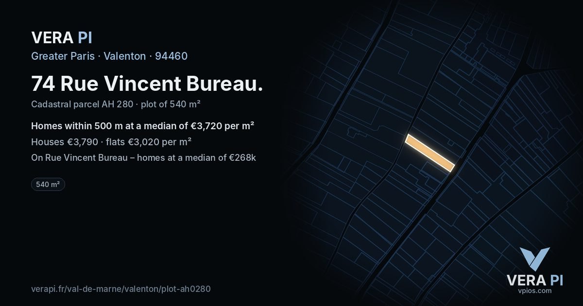 74 Rue Vincent Bureau, Valenton at night – the plot lit, the parcels around coloured by the prices near them