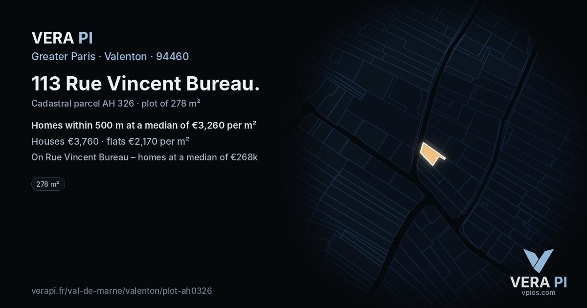 113 Rue Vincent Bureau, Valenton at night – the plot lit, the parcels around coloured by the prices near them