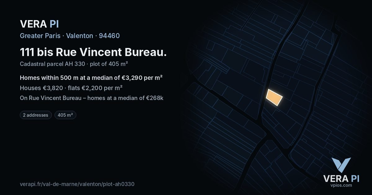 111 bis Rue Vincent Bureau, Valenton at night – the plot lit, the parcels around coloured by the prices near them