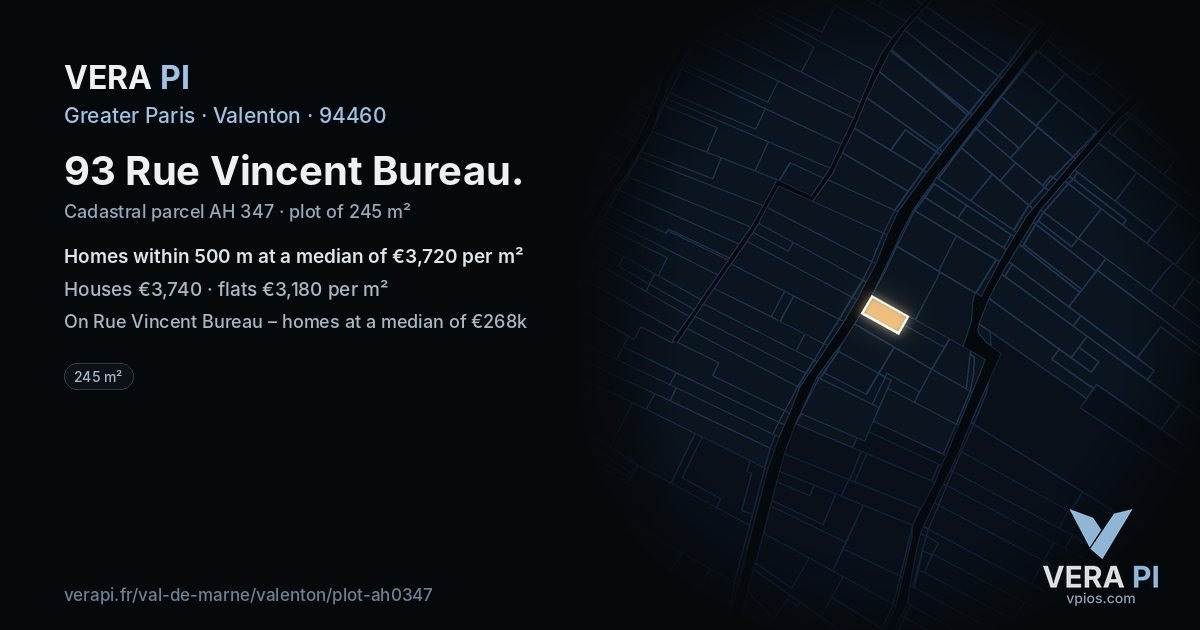 93 Rue Vincent Bureau, Valenton at night – the plot lit, the parcels around coloured by the prices near them