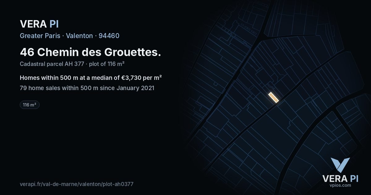46 Chemin des Grouettes, Valenton at night – the plot lit, the parcels around coloured by the prices near them