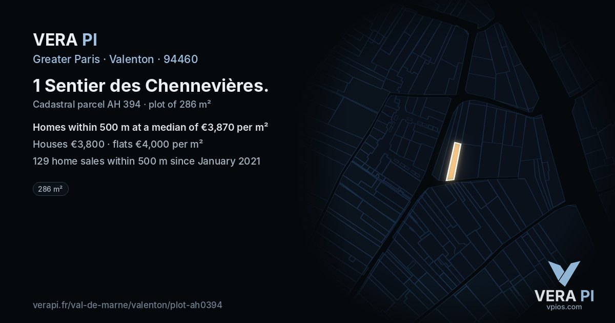 1 Sentier des Chennevières, Valenton at night – the plot lit, the parcels around coloured by the prices near them
