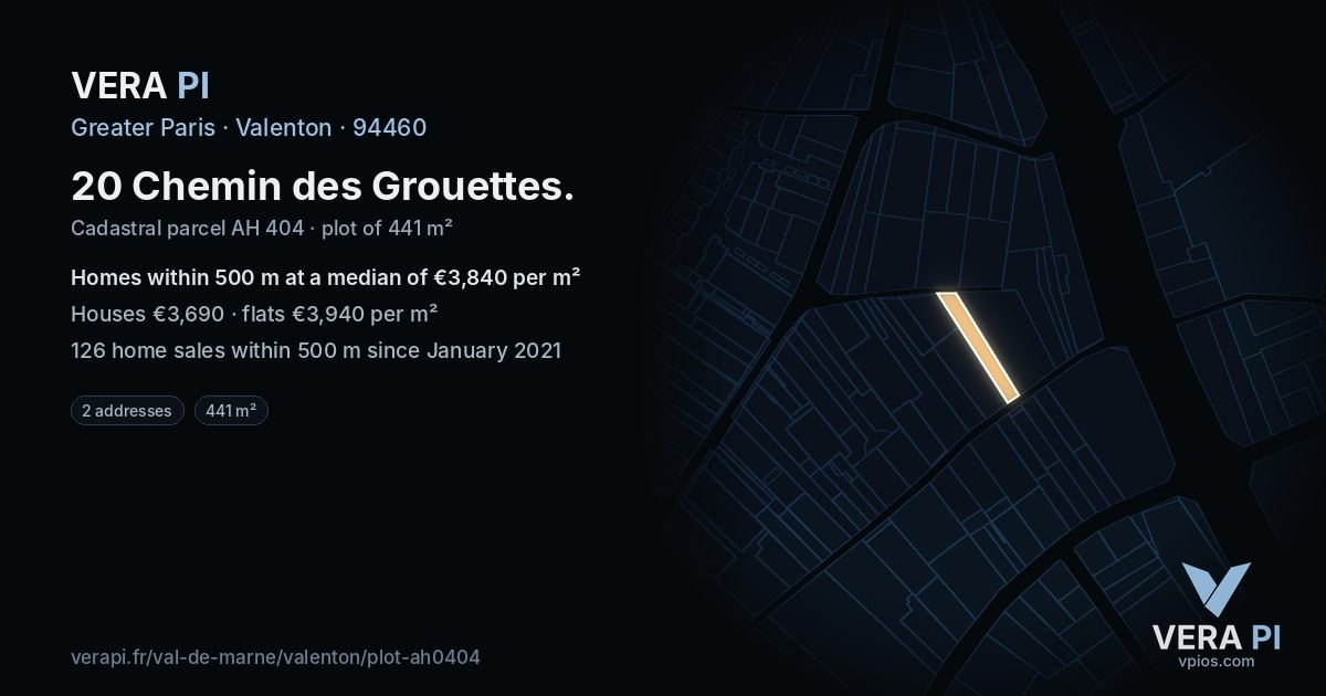 20 Chemin des Grouettes, Valenton at night – the plot lit, the parcels around coloured by the prices near them