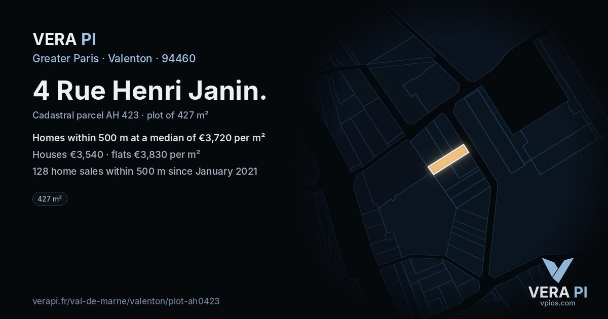 4 Rue Henri Janin, Valenton at night – the plot lit, the parcels around coloured by the prices near them