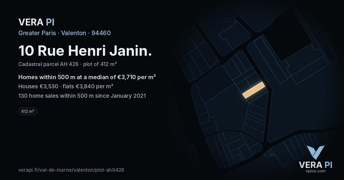 10 Rue Henri Janin, Valenton at night – the plot lit, the parcels around coloured by the prices near them