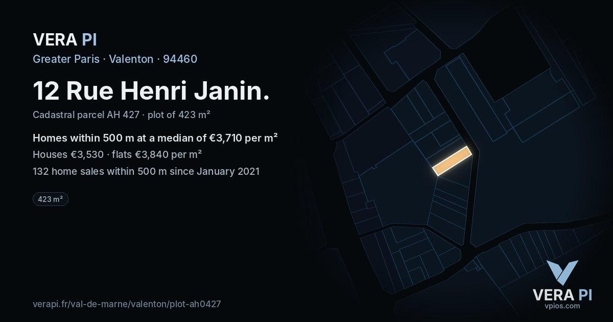 12 Rue Henri Janin, Valenton at night – the plot lit, the parcels around coloured by the prices near them