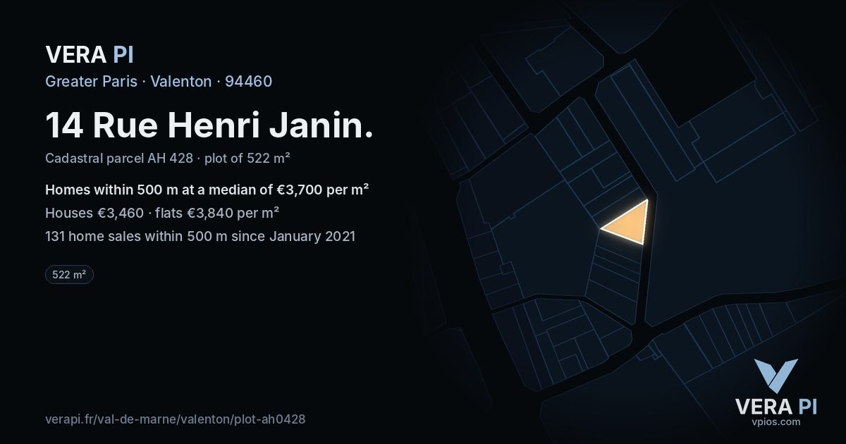 14 Rue Henri Janin, Valenton at night – the plot lit, the parcels around coloured by the prices near them